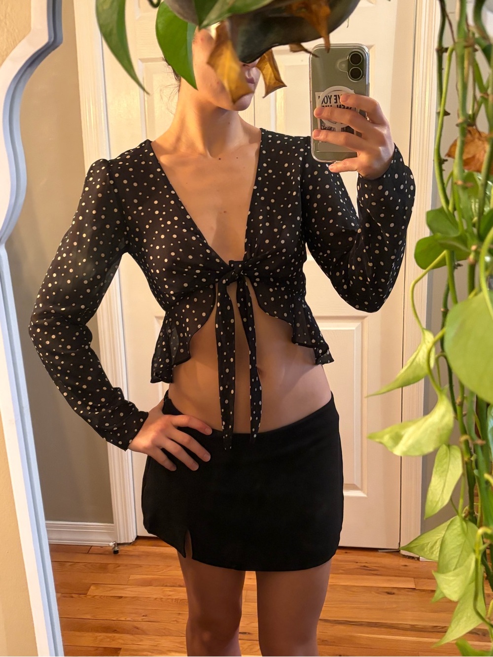 Polka Dot Tie-Front Crop Top - Black